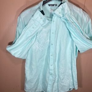Bohio XL Pastel Teal Embroidered Linen Button Down Shirt